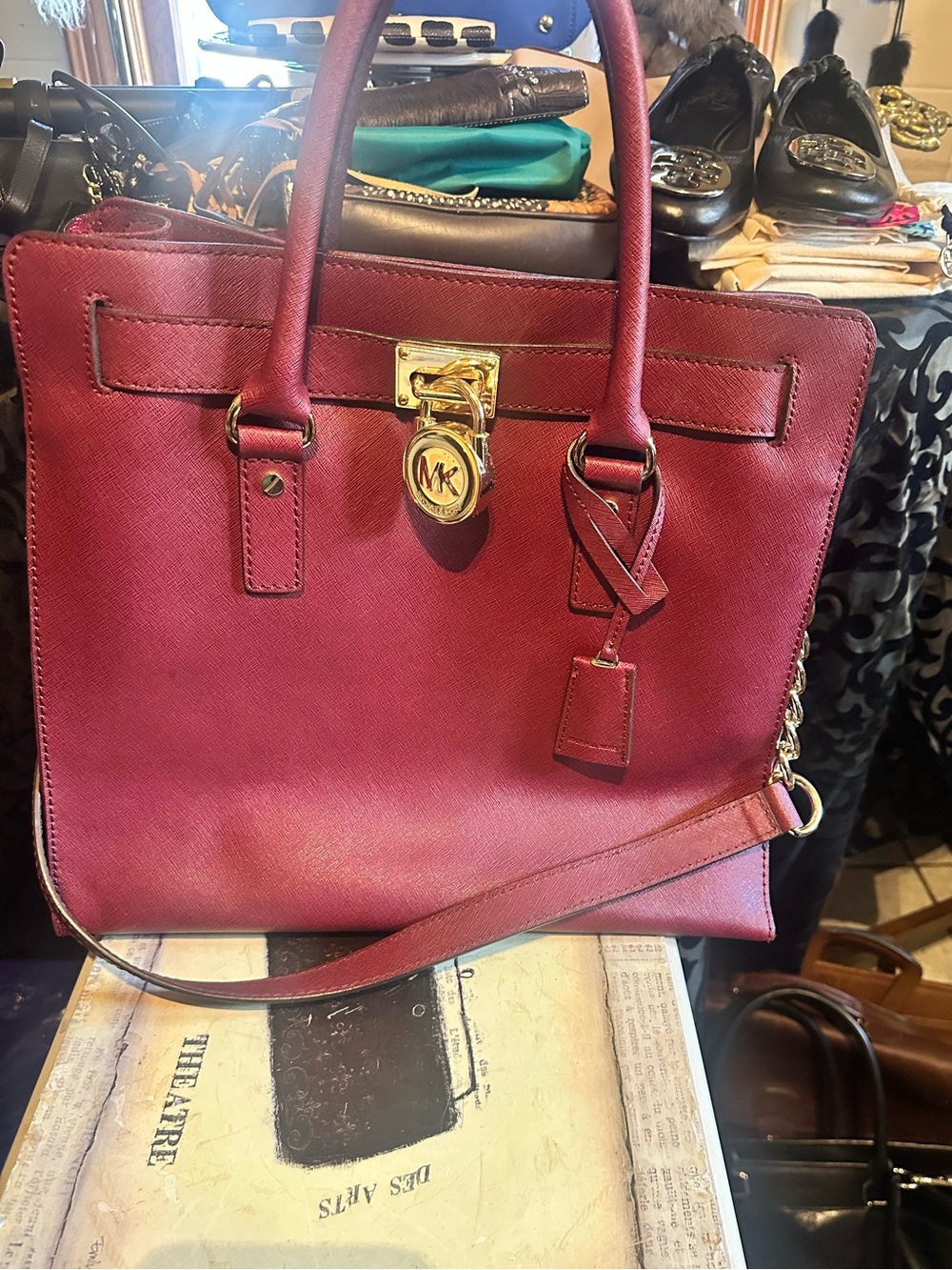 Michael Kors Wine Saffiano Leather Satchel with Gold Hardware large bag